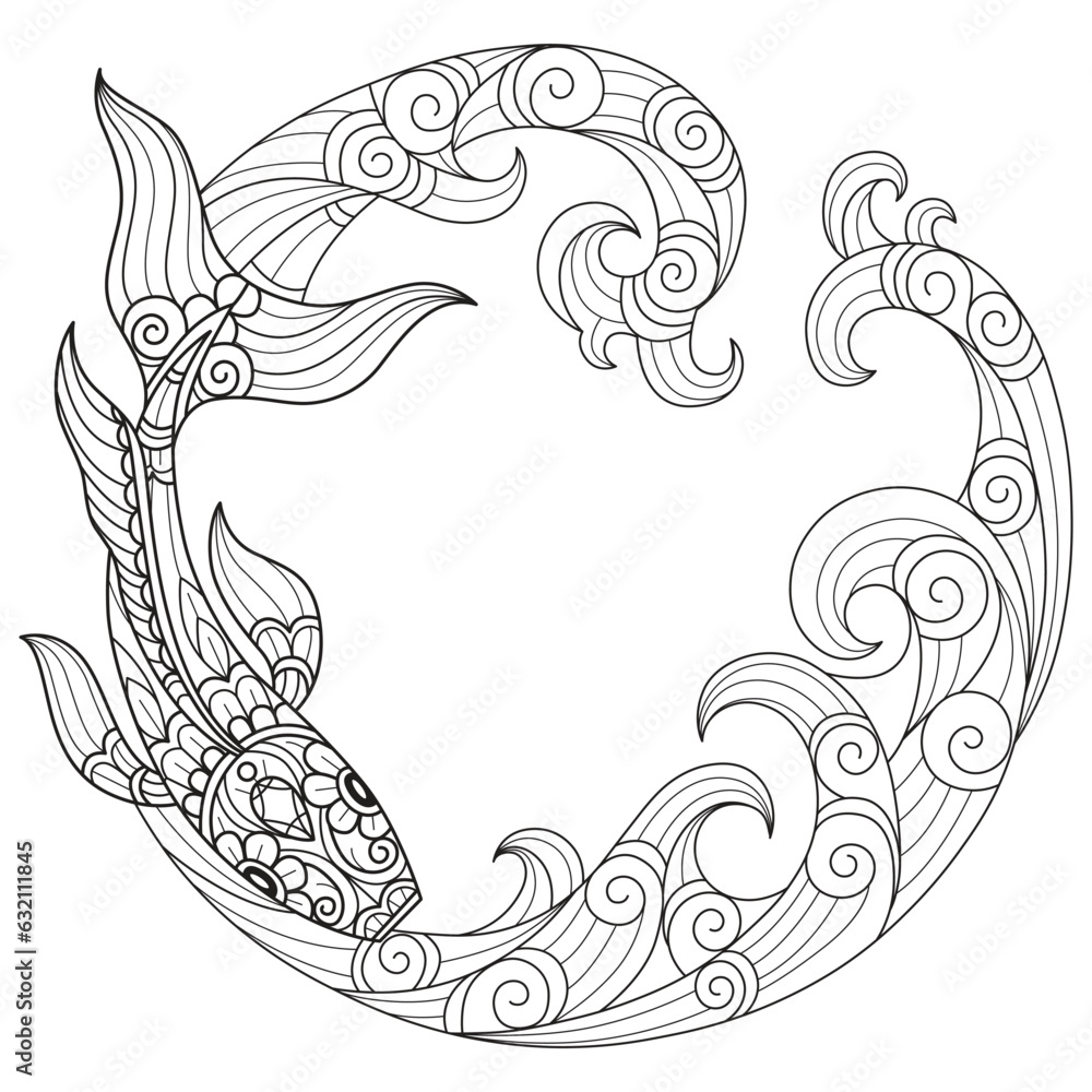 Sea waves and fish hand drawn for adult coloring book Sea waves and fish hand drawn for adult coloring book