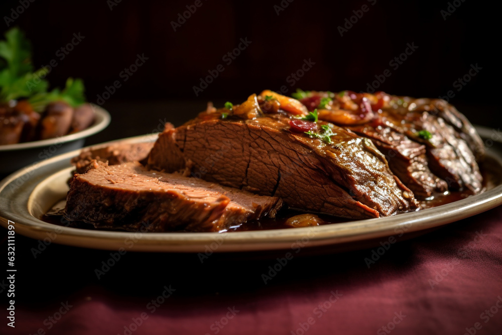Closeup view of roasted beef brisket flat steak on a plate Closeup view of roasted beef brisket flat steak on a plate