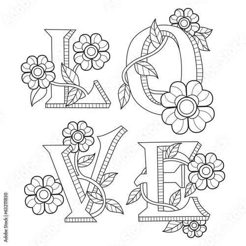 Love word in plants and flowers hand drawn for adult coloring book