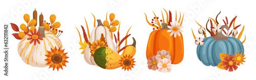 Lush Autumn Floral Compositions Artfully Arranged With Vibrant Pumpkins And Assorted Flowers Cartoon Vector Illustration
