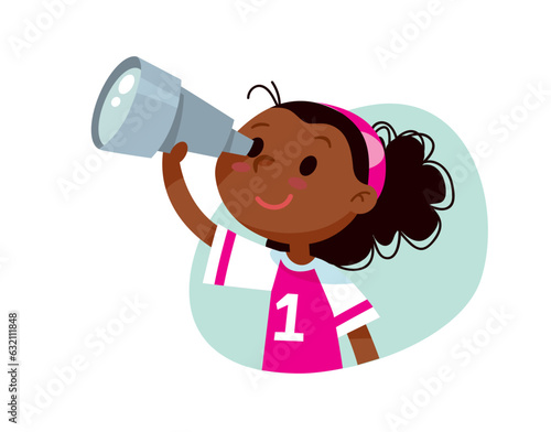 Little girl with binoculars. Cute curious child exploring.