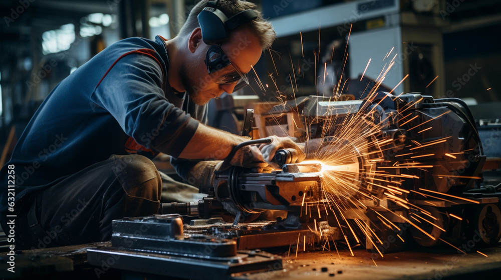 Finishing metal working on lathe grinder machine with lightning sparks Finishing metal working on lathe grinder machine with lightning sparks