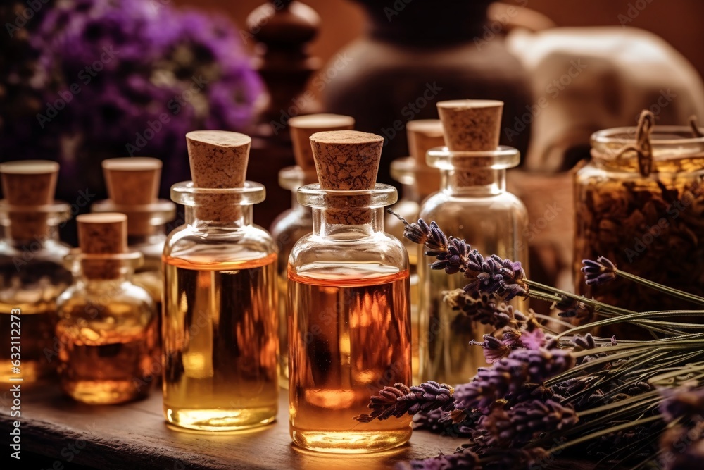 Assortment of natural oils in glass bottles. Concept of pure organic ingredients in cosmetology. Atmosphere of harmony, relax, spa. Spa still life with essential oils on table. Assortment of natural oils in glass bottles. Concept of pure organic ingredients in cosmetology. Atmosphere of harmony, relax, spa. Spa still life with essential oils on table.