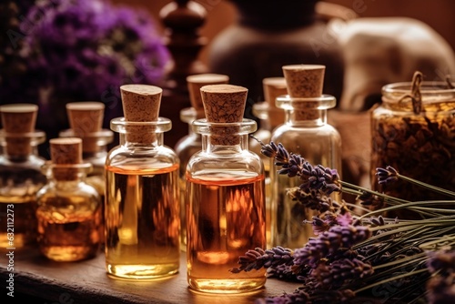 Assortment of natural oils in glass bottles. Concept of pure organic ingredients in cosmetology. Atmosphere of harmony, relax, spa. Spa still life with essential oils on table. 