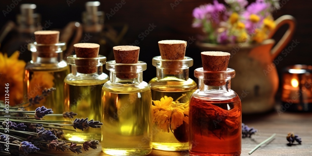 Assortment of natural oils in glass bottles. Concept of pure organic ingredients in cosmetology. Atmosphere of harmony, relax, spa. Spa still life with essential oils on table. Assortment of natural oils in glass bottles. Concept of pure organic ingredients in cosmetology. Atmosphere of harmony, relax, spa. Spa still life with essential oils on table.