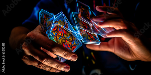 Dazzling close-up magic trick with cards manipulated skillfully by the magician's hands being highlighted by digital light effects, conveying deceit and contemporary intrigue. Generative AI