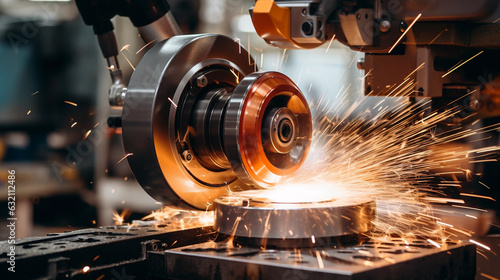 Finishing metal working on lathe grinder machine with lightning sparks