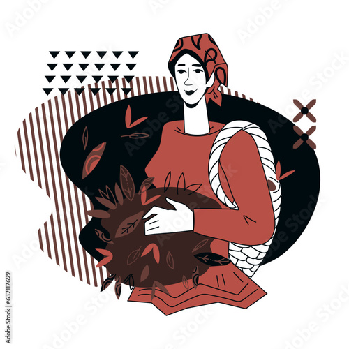 Farmer picking harvest of tea plant, flat vector illustration isolated on white background. Design for black tea packs and teahouse menu or emblem.