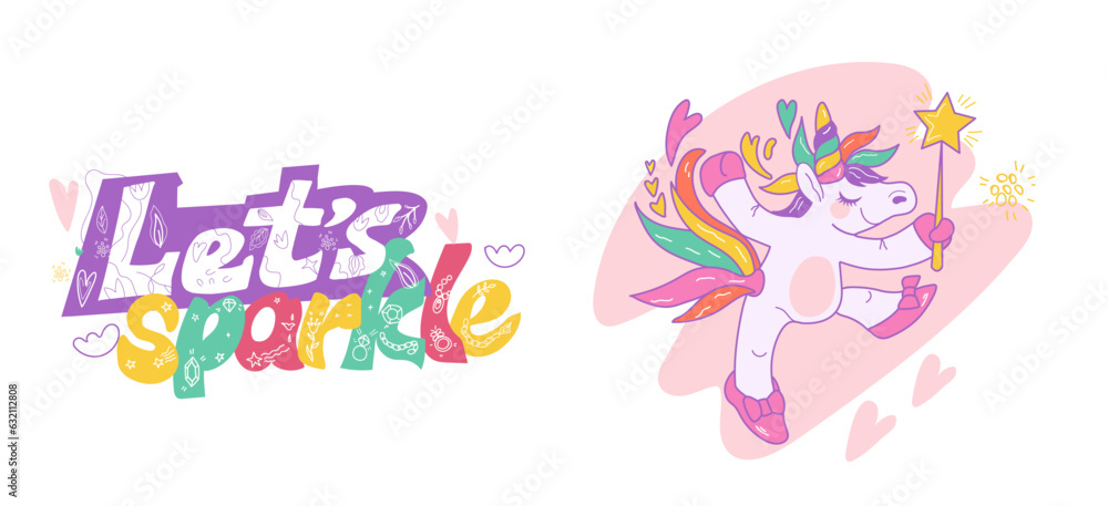 Stickers or prints with cute unicorns and lewttering element, vector illustration isolated on white background.