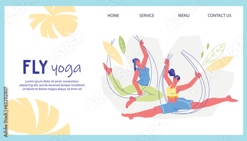 Banner of fly or aerial yoga in a hammock, flat vector illustration on white background. Fly or aerial yoga fitness studio website banner template.