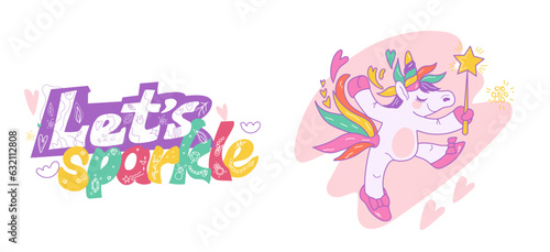 Stickers or prints with cute unicorns and lewttering element, vector illustration isolated on white background.