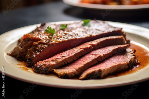 Closeup view of roasted beef brisket flat steak on a plate