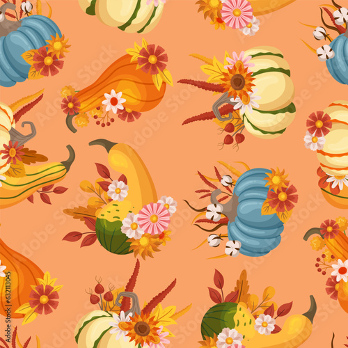 Seamless Pattern with Autumn Floral Compositions Blend Vibrant Flowers With Charming Pumpkins, Vector Illustration