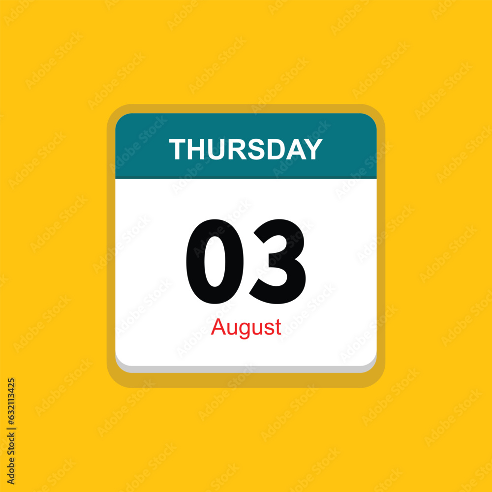 august 03 thursday icon with yellow background, calender icon