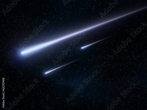 Meteors in the sky. Bright fireballs against the background of stars. Fall of meteorites. Beautiful shooting stars.