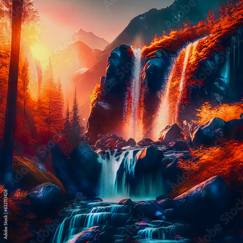 Beautiful mountain waterfall in the rays of the setting sun  autumn landscape