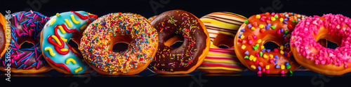 Charming, colorful doughnuts embellished with glittering glaze under swirling digital light evoke joy, indulgence and nostalgia. A celebration of artful confectionery delight. Generative AI