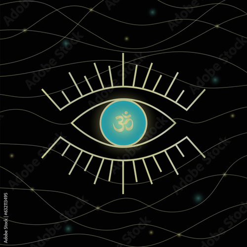 Golden eye with om symbol on black cosmic background. Magical decor element. Vector illustration.