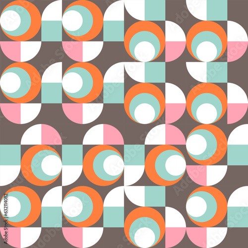  Modern vector abstract geometric background with circles, rectangles and squares in retro scandinavian style. Pastel colored simple shapes graphic pattern. Abstract mosaic artwork.