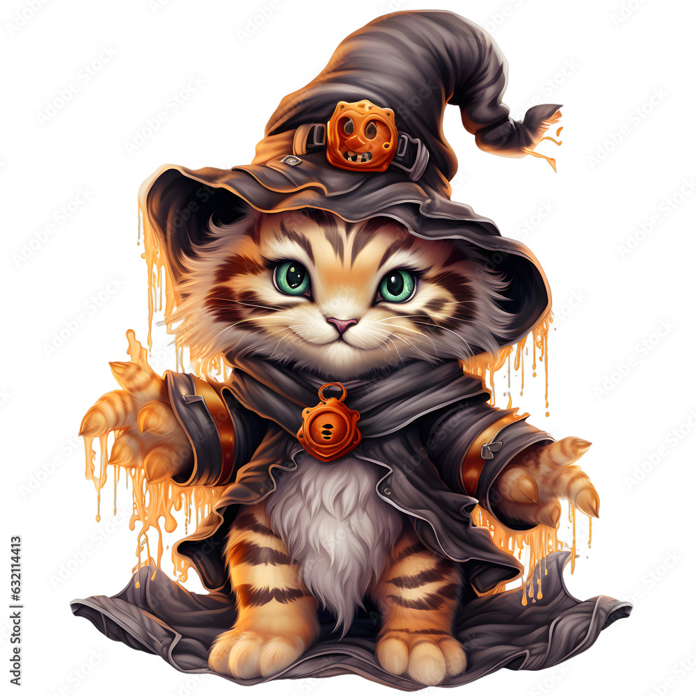  Cute Happy Baby Tiger in Spooky Halloween Witch Costumes Isolated on Transparent Background with Generative Ai