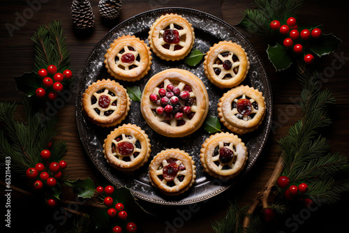 Christmas Miniature Mince Pies with berries and Christmas decor