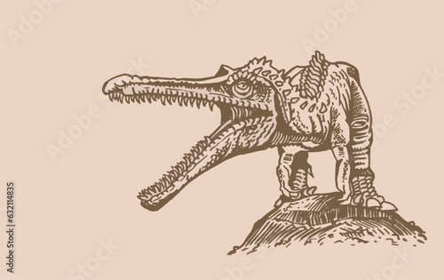 Graphical spinosaurus ,vector vintage illustraion, dinosaur with open mouth,crocodile