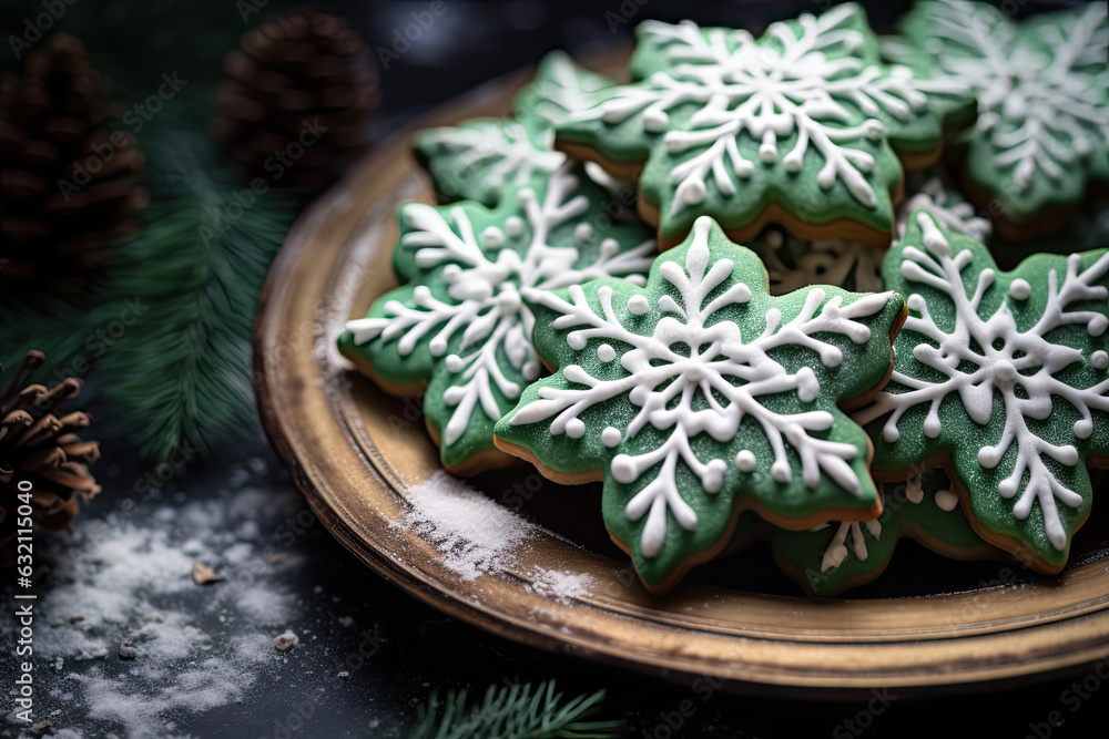 Homemade gingerbread  green Christmas cookies with icing  