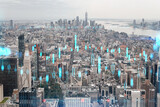 Aerial panoramic city view of Lower Manhattan, Midtown, Downtown, Financial district, West Side, day time, NYC, USA. Forex graph hologram. Concept of internet trading, brokerage, fundamental analysis