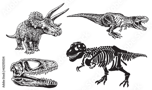 Graphical set of dinosaurs isolated on white background,vector illustration,tattoo  