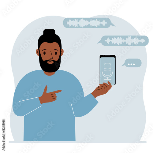 A man holds a smartphone using a voice assistant application. Voice recognition concept. Smart speaker applications, office controller, hands-free phone calls, voice command software.