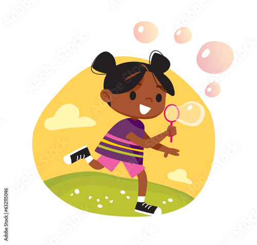 Girl blowing bubbles. Happy child plays outdoors. Yellow background.