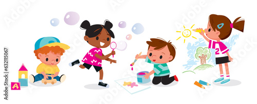 Children playing together. Kids activities. Art class. Boys and girls draw and play.
