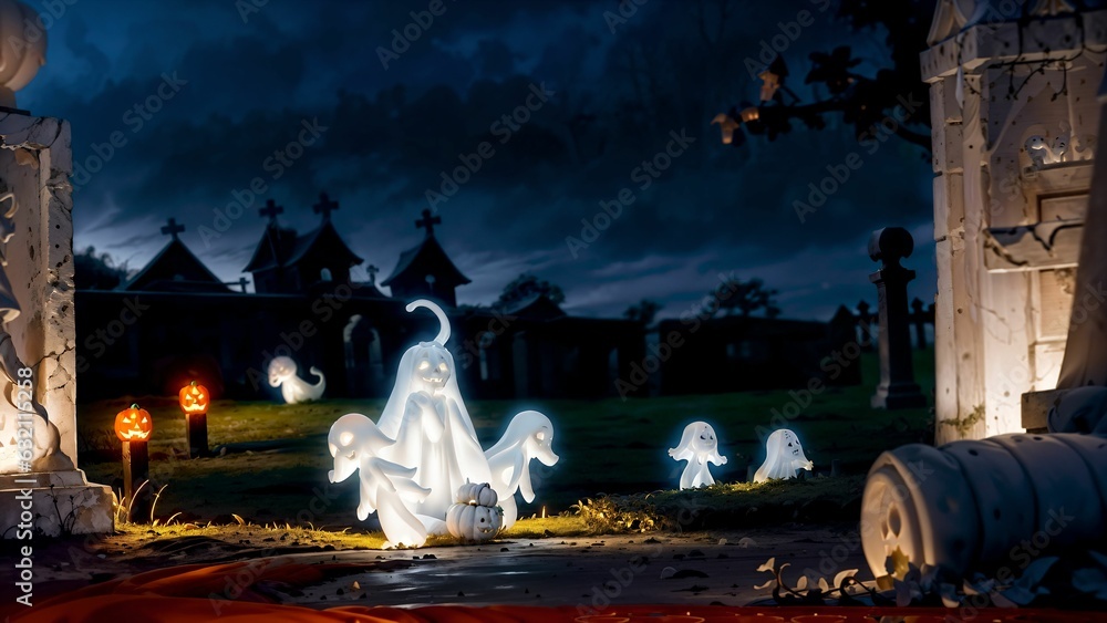  Exploring Ghostly Whispers Amid the Jack-o'-Lantern Glow in the Haunted Halloween Graveyard ai generated