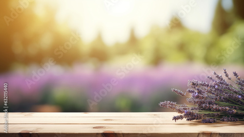 Rural cottage core lavender field in blossom blooming aromatherapy spa landscape with copy space product montage display wooden table.