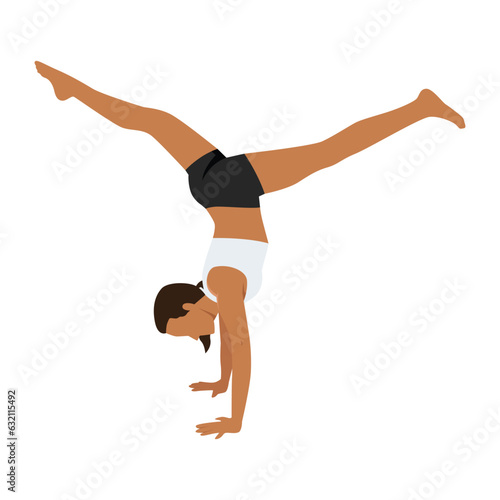 Woman doing Yoga in handstand split pose exercise. Flat vector illustration isolated on white background