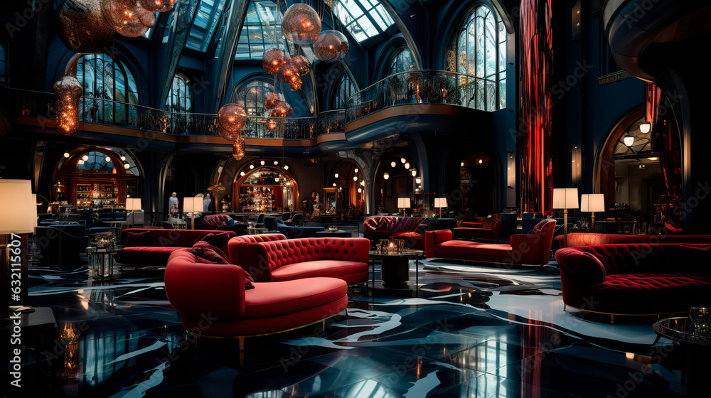 sophisticated and classy casino lobby with glitzy chandeliers, velvet seating, and a glamorous ambiance.