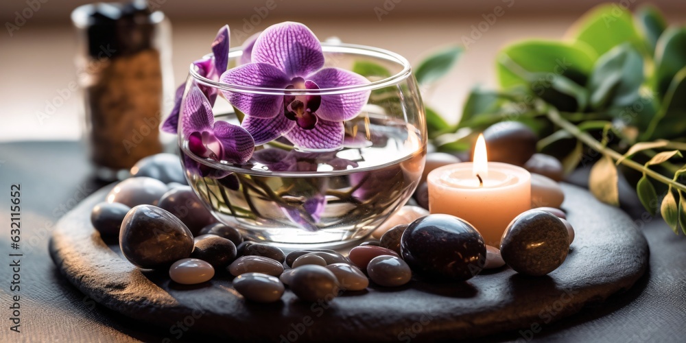 Spa still life with purple orchid, candles and pebbles - obrazy, fototapety, plakaty 