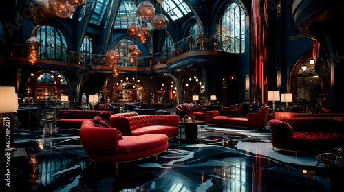 sophisticated and classy casino lobby with glitzy chandeliers, velvet seating, and a glamorous ambiance.