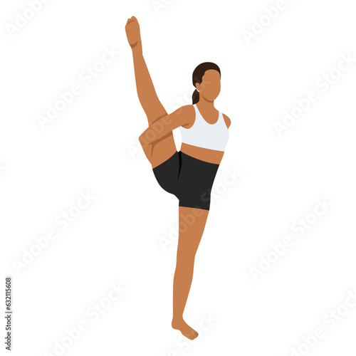 Woman practicing yoga Svarga Dvijasana, or Bird of Paradise.Professional Calmness and relax woman. Flat vector illustration isolated on white background