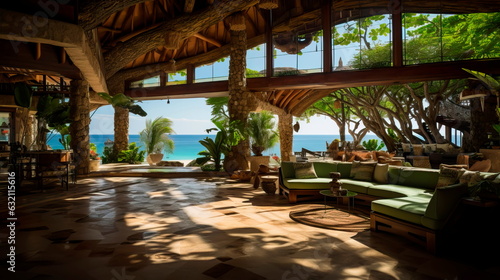 Tropical resort lobby with a thatched roof, wooden beams, and views of the ocean. © Maximusdn