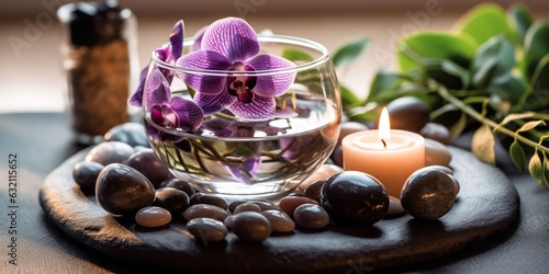 Spa still life with purple orchid, candles and pebbles