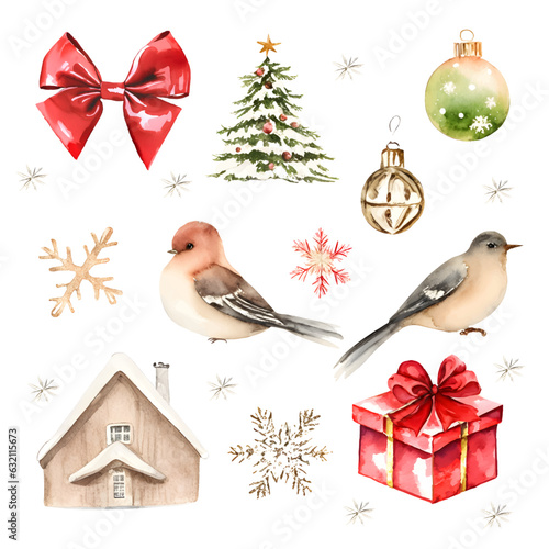 Collection for Christmas design, new year watercolor elements set