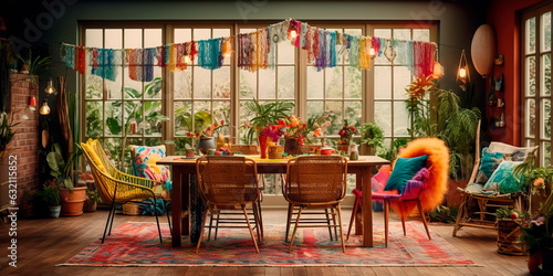 Bohemian-inspired eclectic dining room with mix-and-match chairs  colorful textiles  and hanging plants.