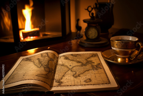 Inviting close-up of a vintage map, coffee cup, and warm fireplace light, evoking relaxation and adventure planning, ideal for café ads or cozy interiors. Generative AI