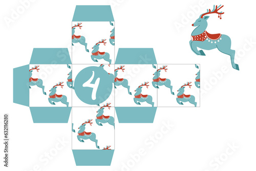 Advent Calendar Printable Gift Box. Gift box printable template. New Year and Christmas concept. Number 4