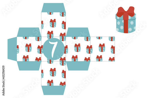 Advent Calendar Printable Gift Box. Gift box printable template. New Year and Christmas concept. Number 7