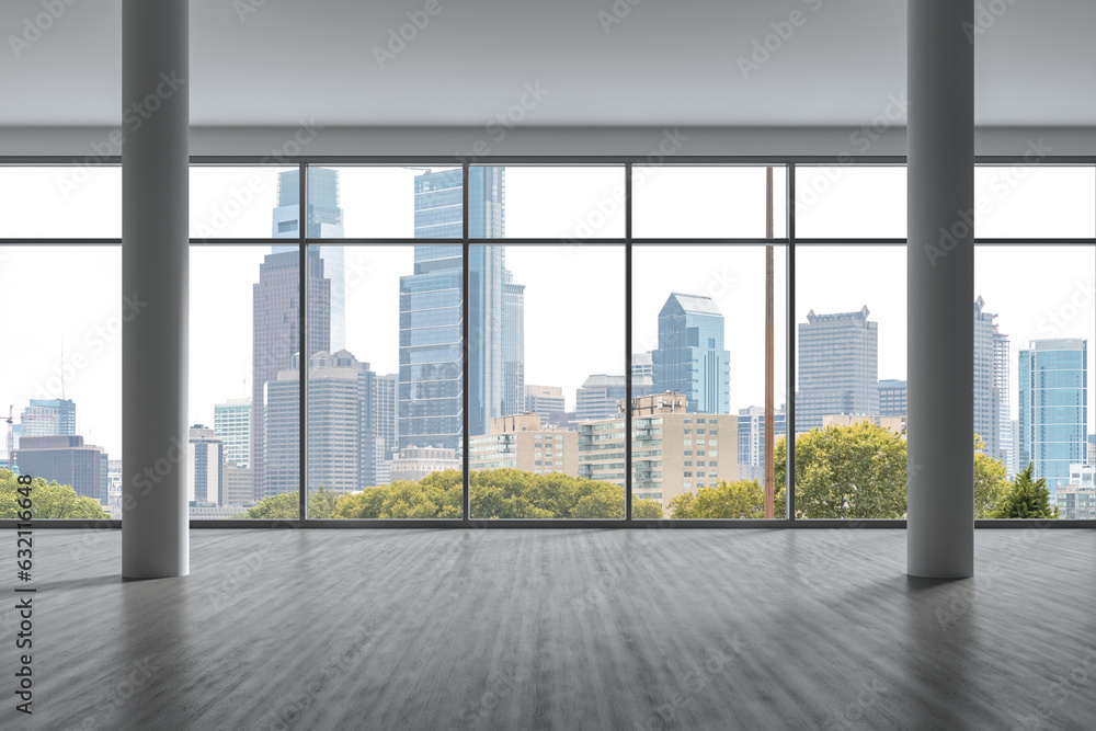 Empty room Interior Skyscrapers View Cityscape. Downtown Philadelphia City Skyline Buildings from High Rise Window. Beautiful Real Estate. Day time. 3d rendering.