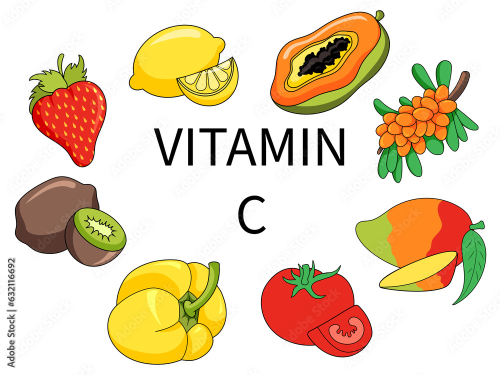 Fruits and vegetable foods containing vitamin C diagram schematic raster illustration. Medical
