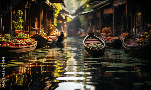 Floating market in Asia, boats with goods.