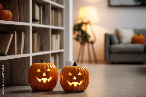Pumpkins in the interior. Halloween concept. Background with selective focus and copy space